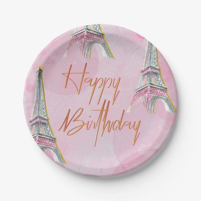 Elegant Pink and Gold Paris Themed Birthday Party Paper Plates (Front)