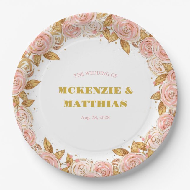 Elegant Pink and Gold Peony Floral Wedding Paper Plates (Front)