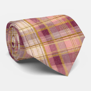 Elegant Pink and Gold Plaid Gingham Pattern Neck Tie