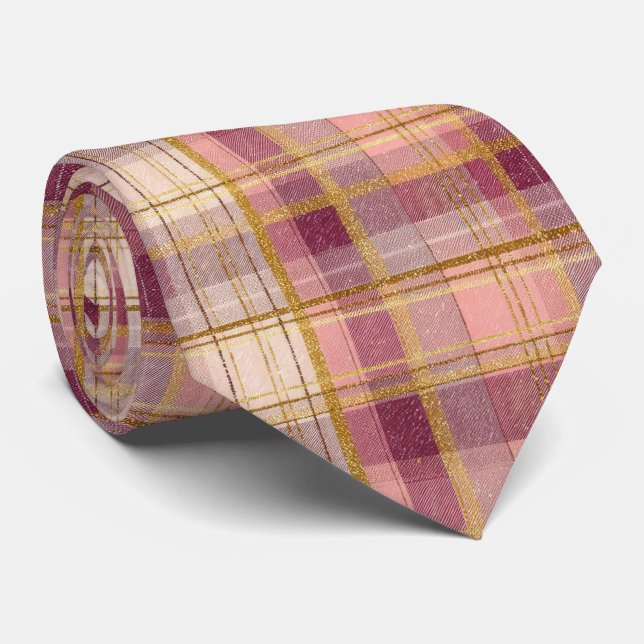Elegant Pink and Gold Plaid Gingham Pattern Neck Tie (Rolled)