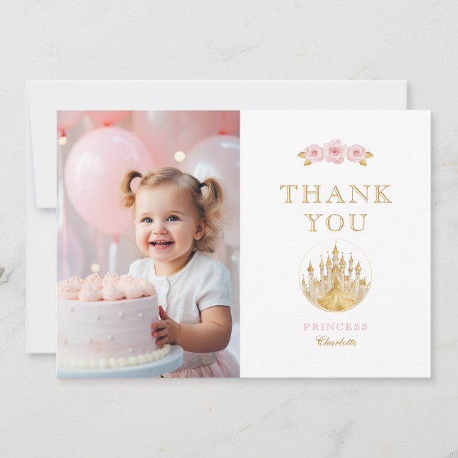 Elegant Pink and Gold Princess Photo Thank You  Card (Front)