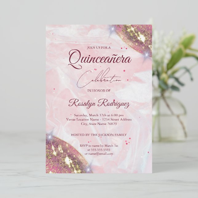 Elegant Pink and Gold Quinceañera  Birthday  Foil Invitation (Standing Front)