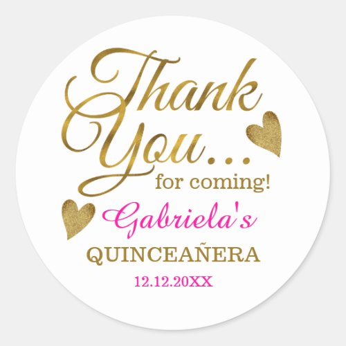 Elegant Pink And Gold Quinceanera Thank You Classic Round Sticker