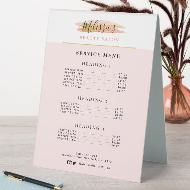 elegant pink and gold salon service menu table tent (In SItu (Table))