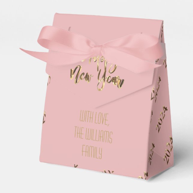 Elegant Pink and Gold Script Happy New Year 2024 Favor Boxes (Front Side)