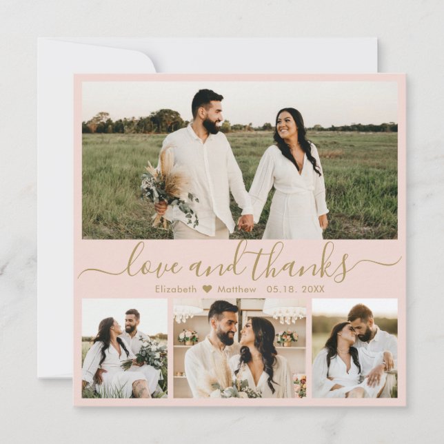 Elegant Pink and Gold Script Photo Wedding Thank You Card (Front)