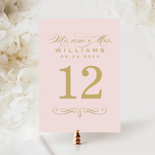 Elegant Pink and Gold Script Wedding Table Number