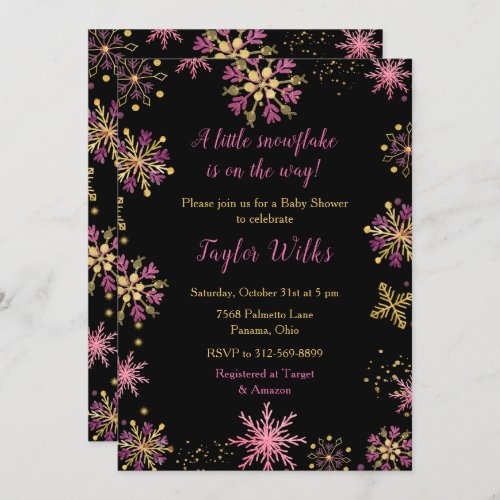 Elegant Pink and Gold Snowflakes Baby Shower Invitation