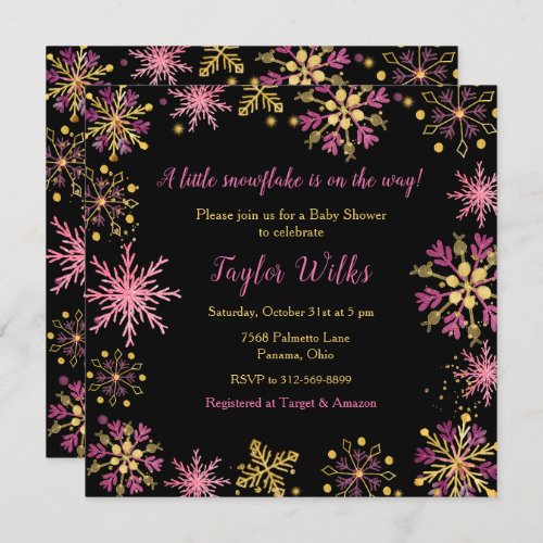 Elegant Pink and Gold Snowflakes Baby Shower Invitation