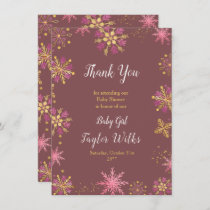 Elegant Pink and Gold Snowflakes Baby Shower Thank You Card