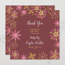 Elegant Pink and Gold Snowflakes Baby Shower Thank You Card