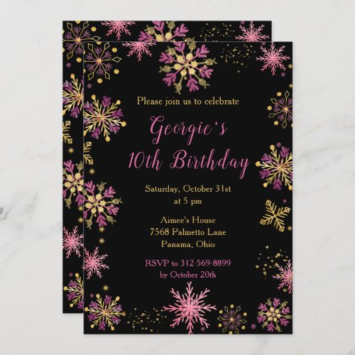 Elegant Pink and Gold Snowflakes Birthday Invitation