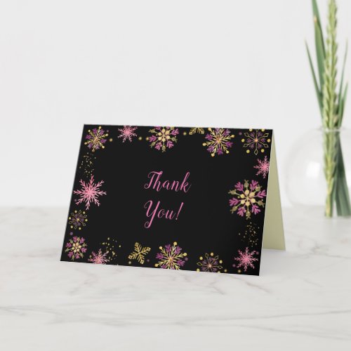 Elegant Pink and Gold Snowflakes Christmas Thank You Card