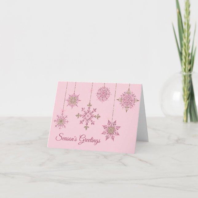 Elegant Pink and Gold Snowflakes Holiday Card (Front)