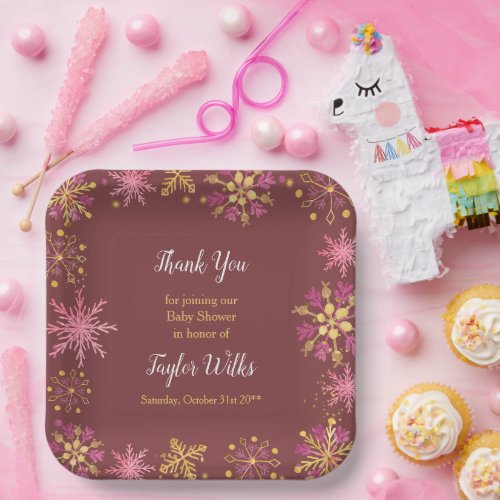 Elegant Pink and Gold Snowflakes Paper Plates