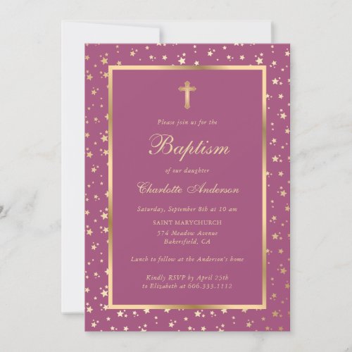 Elegant Pink and Gold Stars Girl Baptism Invitation