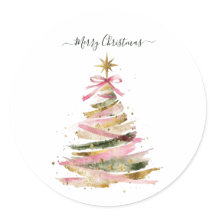 Elegant Pink and Gold Watercolor Christmas Tree