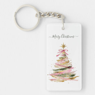 Elegant Pink and Gold Watercolor Christmas Tree Keychain
