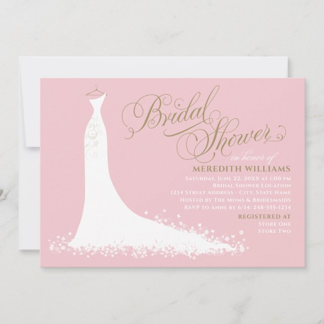 Elegant Pink and Gold Wedding Gown Bridal Shower Invitation (Front)
