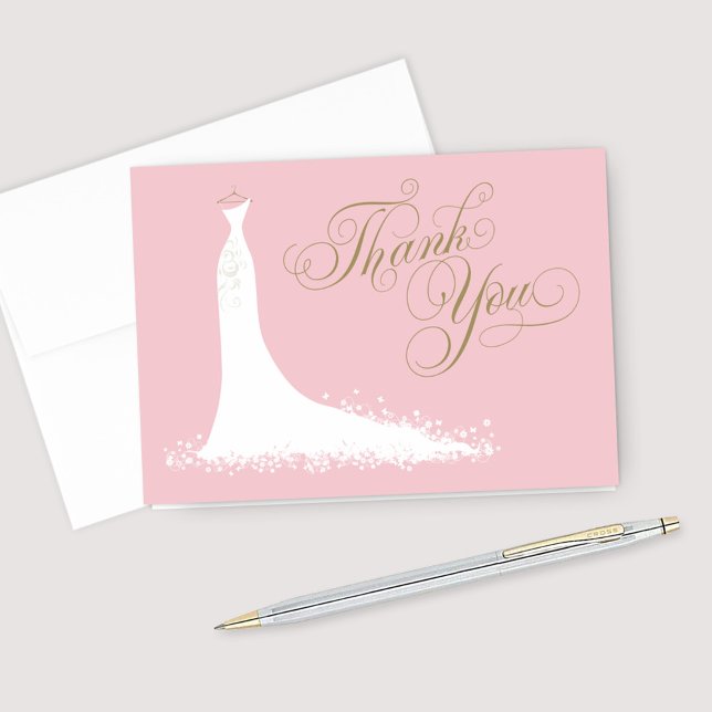 Elegant Pink and Gold Wedding Gown Bridal Shower Thank You Card (Creator Uploaded)