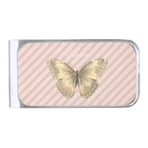 Elegant pink and golden Butterfly Silver Finish Money Clip