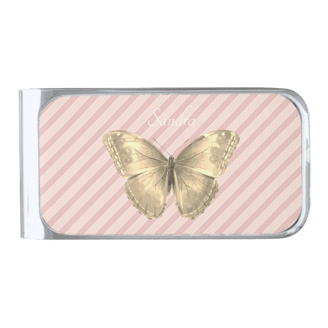 Elegant pink and golden Butterfly Silver Finish Money Clip (Front)