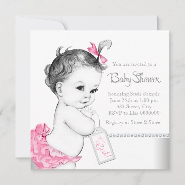 Elegant Pink and Gray Baby Shower Invitation (Front)