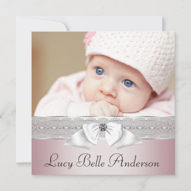 Elegant Pink and Gray Birth Announcements (Front)