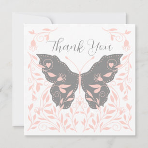 Elegant Pink and Gray Butterfly Thank You Note Card