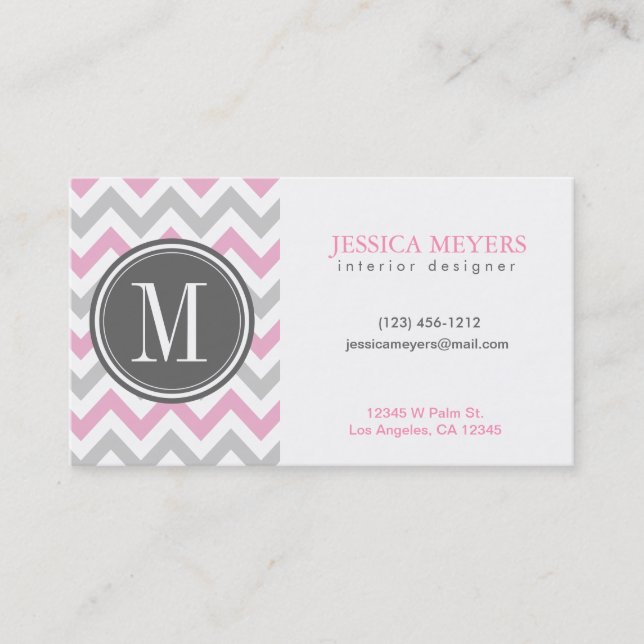 Elegant Pink and Gray Chevron with Monogram Business Card (Front)