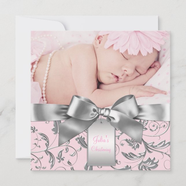 Elegant Pink and Gray Christening Invitation (Front)