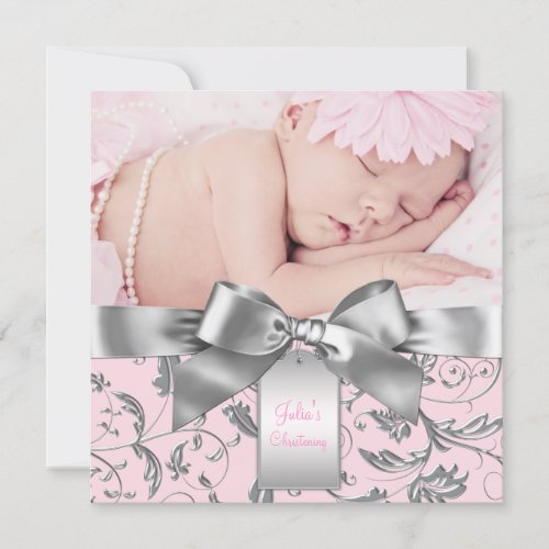 Elegant Pink and Gray Christening Custom Invite