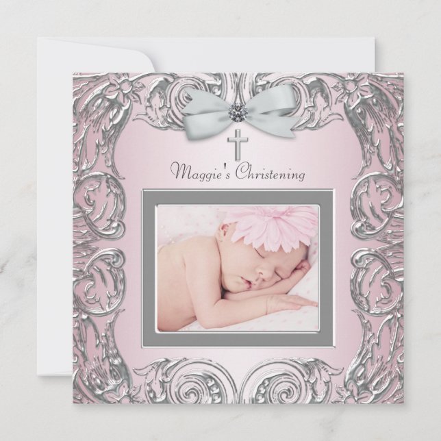 Elegant Pink and Gray Christening Invitations (Front)