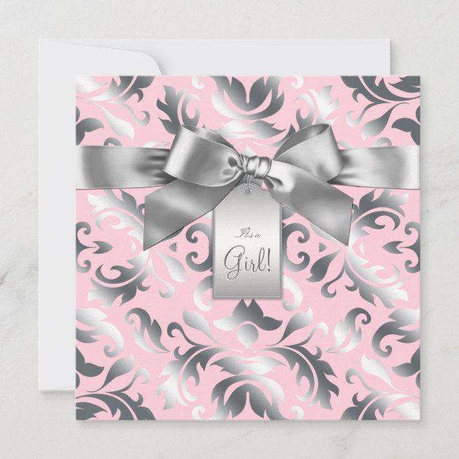 Elegant Pink and Gray Damask Baby Shower Invitation (Front)