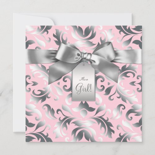 Elegant Pink and Gray Damask Baby Shower Invitation