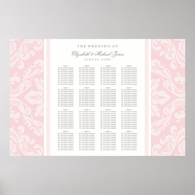 Elegant Pink and Gray Damask Wedding Seating Poster (Front)