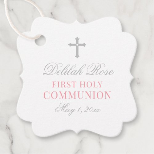 Elegant Pink and Gray First Communion for Girl Favor Tags