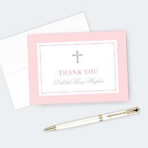 Elegant Pink and Gray First Communion Girl Letterpress Thank You Card