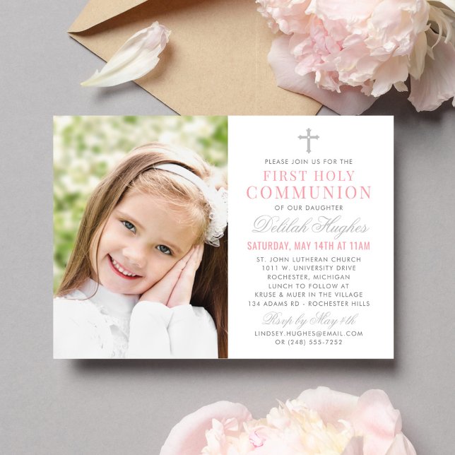 Elegant Pink and Gray First Communion Girl Photo Invitation (Creator Uploaded)