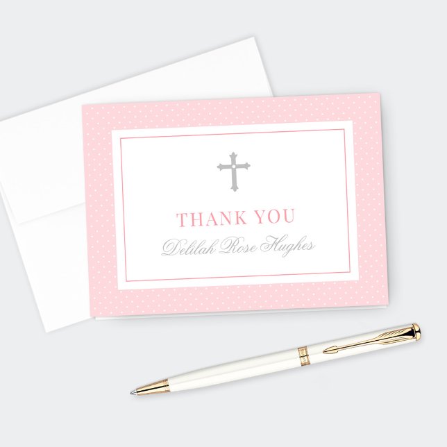 Elegant Pink and Gray First Communion Girl Thank You Card (Creator Uploaded)
