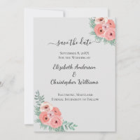 Elegant Pink and Gray Floral Watercolor Wedding Save The Date