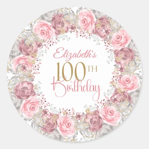 Elegant Pink and Gray Flower Wreath 100th Birthday Classic Round Sticker