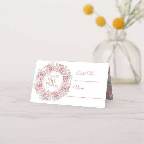 Elegant Pink and Gray Flower Wreath 100th Birthday Place Card