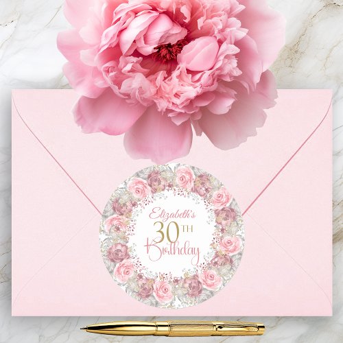 Elegant Pink and Gray Flower Wreath 30th Birthday Classic Round Sticker