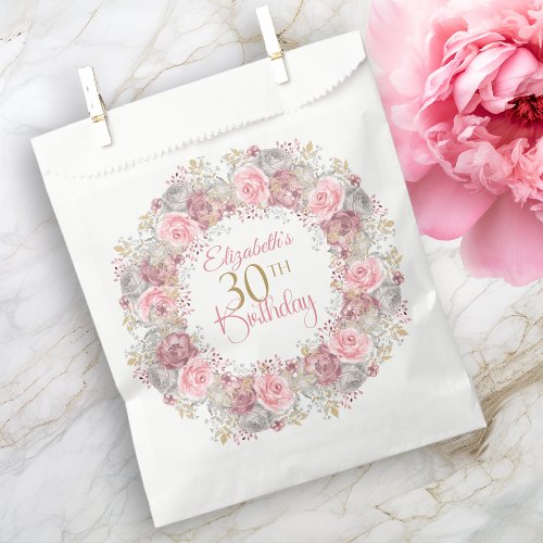 Elegant Pink and Gray Flower Wreath 30th Birthday Favor Bag