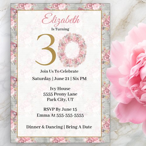 Elegant Pink and Gray Flower Wreath 30th Birthday Invitation