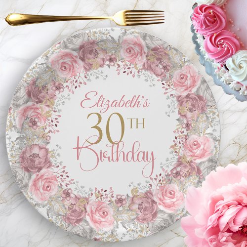 Elegant Pink and Gray Flower Wreath 30th Birthday Paper Plates