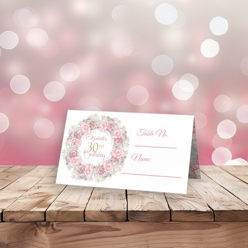 Elegant Pink and Gray Flower Wreath 30th Birthday Place Card