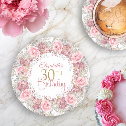 Elegant Pink and Gray Flower Wreath 30th Birthday Round Paper Coaster