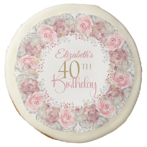 Elegant Pink and Gray Flower Wreath 40th Birthday Sugar Cookie